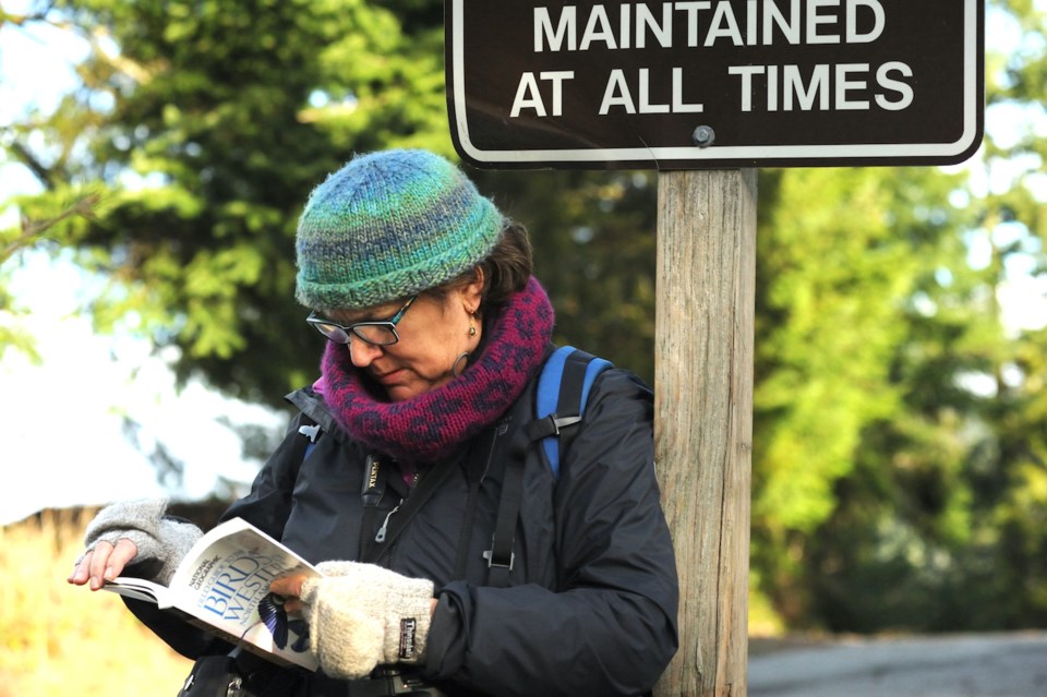 DG Blair consults a bird book during last weekend’s bird count on Bowen.