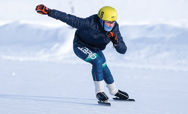 Citizen Photo by James Doyle. Prince George Blizzard skater Benjamin Konwicki speeds towards the finish line at the Outdoor Ice Oval on Saturday morning while participating in the B.C. Cup Long Track speed skating meet.