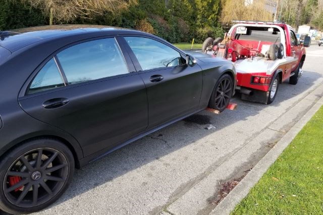 A driver being towed Saturday on Marine Way, just east of Boundary road, where the speed limit drops from 70 km/h to 50 km/h. Burnaby RCMP photo