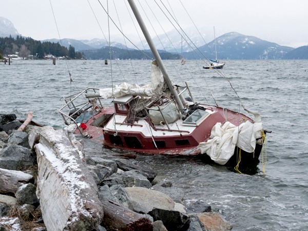 A sailboat stranded on the rocks along the Gibsons waterfront Jan. 13.