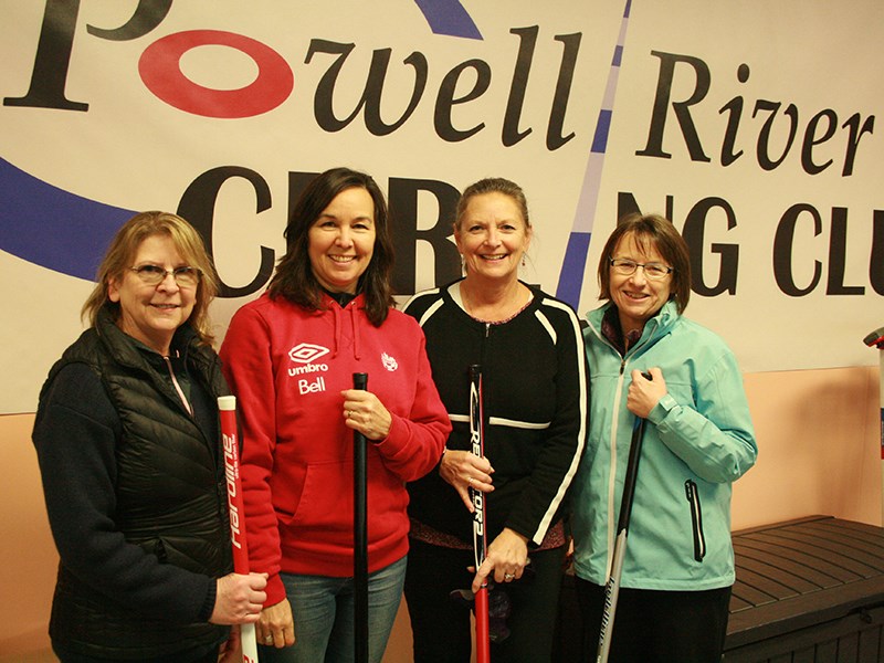 CURLING COMPETITORS: Powell River women’s curlers [from left] Rhonda Raimondo, Lisa Skinner, Barb Cooper and Lynda Sowerby will compete on home ice when Powell River hosts the 2020 Vancouver Island senior curling playdown on Saturday, January 18 and Sunday, January 19. The event will determine which men’s and women’s curling teams will represent the region at the upcoming provincial senior championships in Vernon February 18 to 23. Vanessa Bjerreskov photo