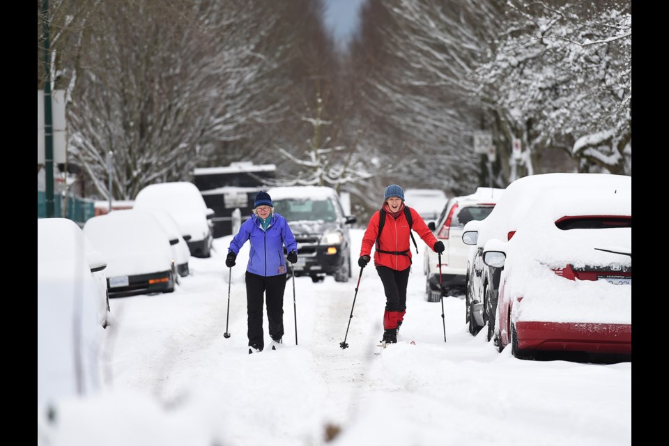 Getting around during Vancouver's #Snowmageddon2020 was no problem for cross-country skiers Alison Smith (left) and Rosy Cornell as the pair headed to Queen Elizabeth Park to ski the golf course for the first time this winter. Photo Dan Toulgoet