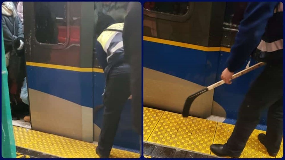 Keep your stick on the ice, unless you need to clear it from SkyTrain doors. Photo: @SadistHailey /