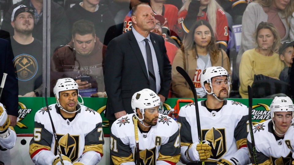 Head coach Gerard Gallant behind the Vegas Golden Knights bench.