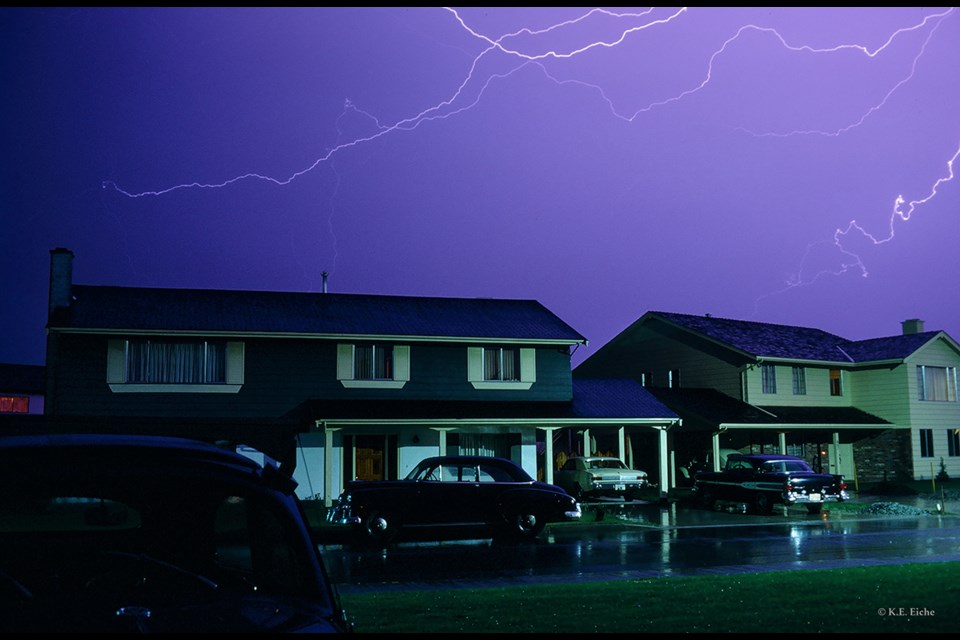 Lightning during a storm in May 1968, looking west. Photo: © K.E. Eiche