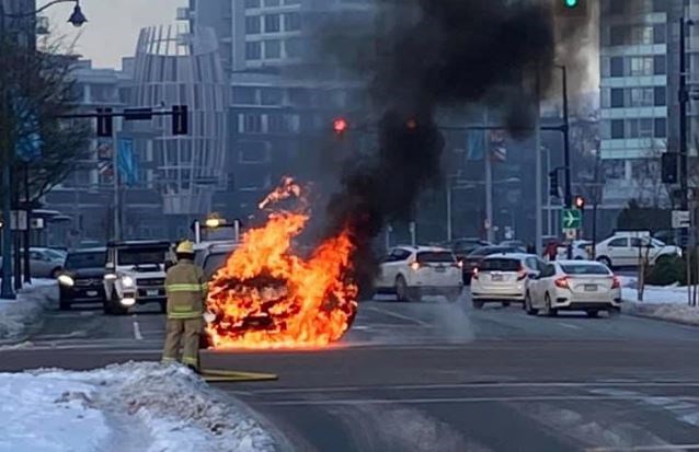 The Dodge van in flames on Alderbridge Way at Lansdowne Road on Friday morning. Facebook photo