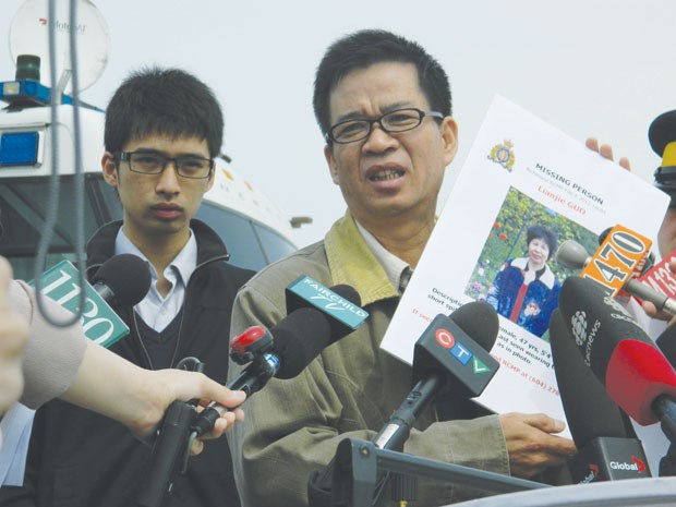 Will Tang (left) and his father Jihui Tang, at a press conference regarding Will's mother and Jihui's wife, Lianjie Guo, who went missing on June 7. Richmond RCMP expanded their search Thursday to a field at Garden City Road and Capstan Way.