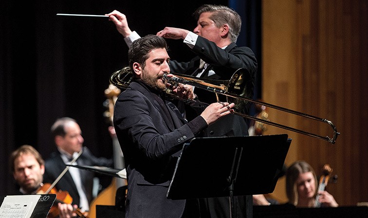 Citizen Photo by James Doyle. Guest trombonist Brian Wendel plays during the Prince George Symphony Orchestra’s Songs, Stories & Serenades concert on Saturday night at Vanier Hall.