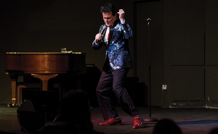 Citizen Photo by James Doyle. Elvis Elite Steve Elliott performs on stage at First Baptist Church on Saturday night during the 9th Annual How Great Thou Art Gospel Concert.