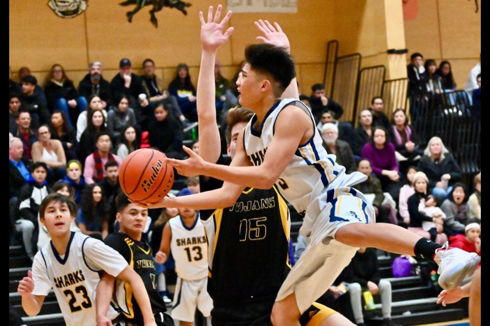 Jhonelle Vergara soars to the basket as the host Steveston-London Sharks captured the boys title at the 12th annual Bob Carkner Memorial Classic with a 77-60 win over the Hugh Boyd Trojans on Saturday night.