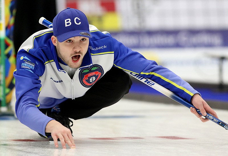 MARIO BARTEL/THE TRI-CITY NEWS
Port Coquitlam's Matthew McCrady, third on the Royal City Curling Club team skipped by Coquitlam's Hayato Sato, yells instructions in the team's 6-3 loss to Saskatchewan in Monday's eighth draw at the 2020 Canadian junior men's curling championships being played at the George Preston recreation centre in Langley. The team also lost to Newfoundland and Labrador in the ninth draw Monday evening, 10-7.