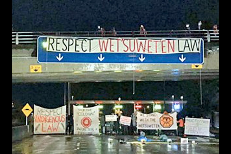 Protesters block access to the Swartz Bay ferry terminal in response to a call to action by some Wet'suwet'en First Nations members who are against a Coastal Gaslink project. Jan. 20, 2020