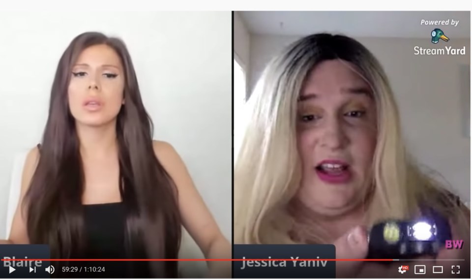 A Blair White YouTube account screenshot shows Jessica Yaniv brandishing a prohibited weapon from he