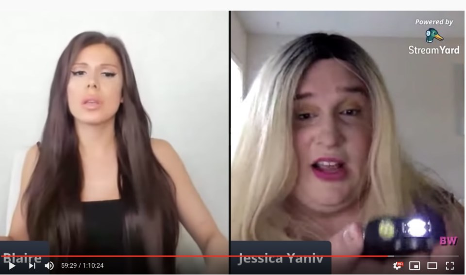 A Blair White YouTube account screenshot shows Jessica Yaniv brandishing a prohibited weapon from he