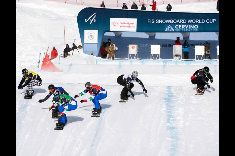 Evan Bichon, second from right, heads out of the start gate last month at a World Cup snowboardcross race in Cervinia, Italy. Bichon, Colby Graham and Meryeta O'Dine, all of Prince George, will be at Big White near Kelowna for Friday's qualifying runs for Saturday's World Cup race.