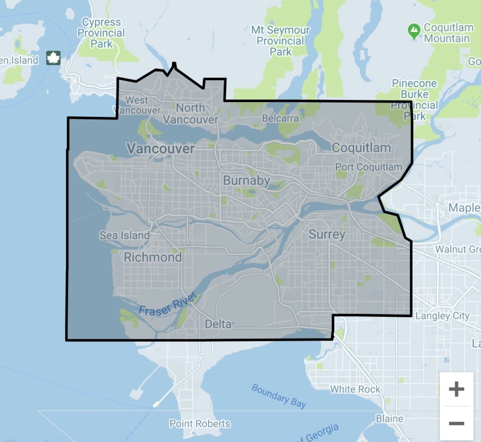 Uber's service map for the Metro Vancouver area. Screenshot via Uber