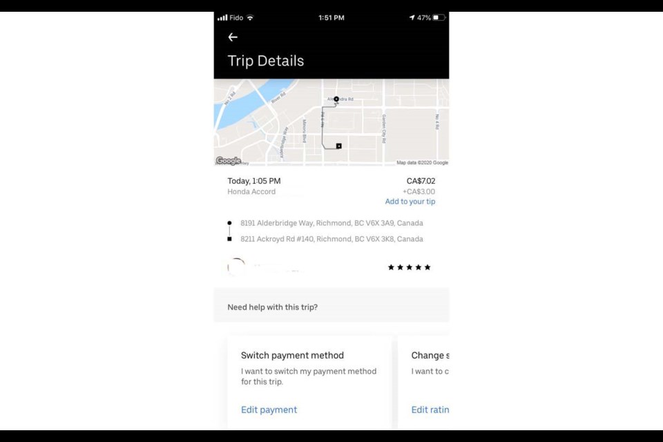 Rob Akimow's Uber trip details. One of the first in Richmond with the ride-hailing firm.