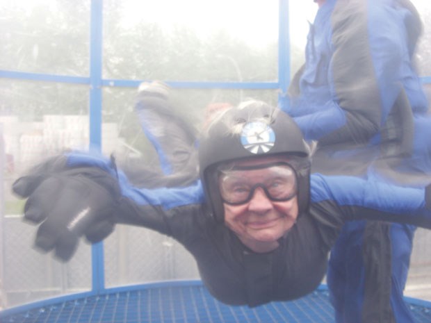 June Fisher, 81, enjoys a casual simulated sky dive.