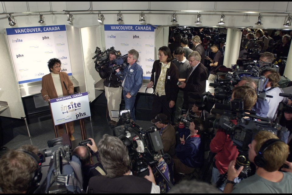 Vancouver-Centre Liberal MP Hedy Fry was among politicians and a crush of media gathered in September 2003 for the opening of Insite, North America’s first legal injection site. Photo Dan Toulgoet