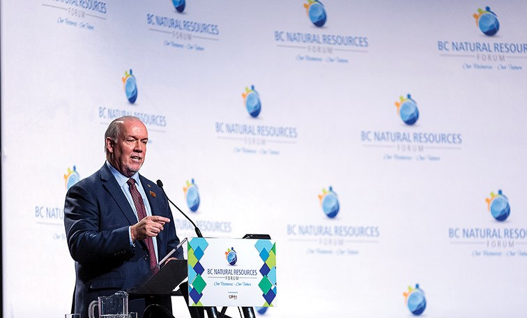 Citizen Photo by James Doyle. Premier John Horgan gives his keynote address during a luncheon on Wednesday afternoon at Prince George Civic Centre during the 17th Annual B.C. Natural Resources Forum.