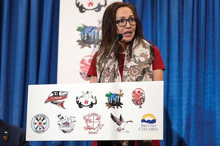 Citizen Photo by James Doyle. Carrier Sekani Tribal Cheif Mina Holmes speaks at Uda Dune Baiyoh on Wednesday afternoon during an event to celebrate the Carrier Sekani Tribal Council and Government of British Columbia’s new reconciliation agreement.