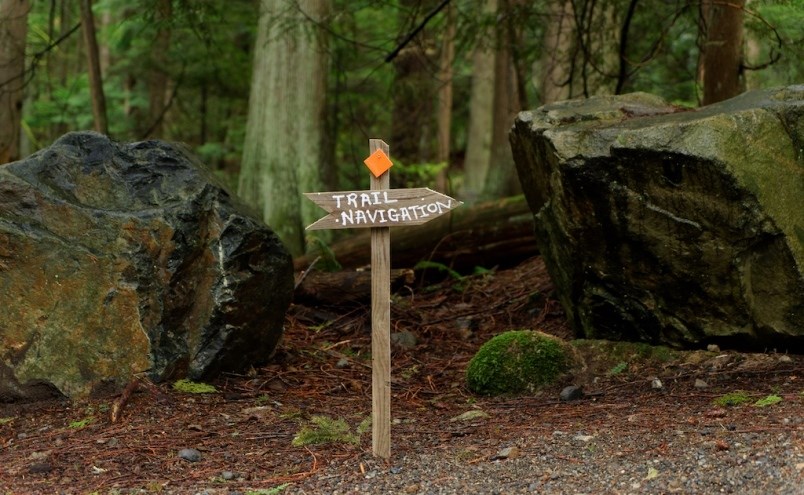 A trail navigation sign on Mt. Gardner.