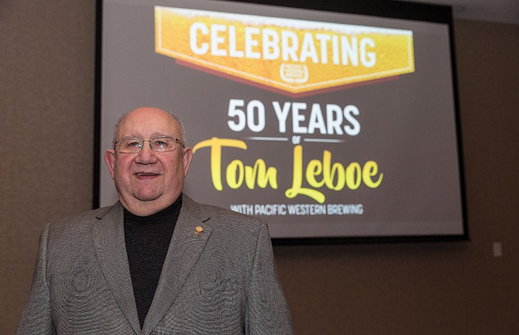 Citizen Photo by James Doyle. Tom Leboe was honoured at a dinner on Friday evening at Courtyard by Marriott to celebrate his 50 years of employment with Pacific Western Brewing.