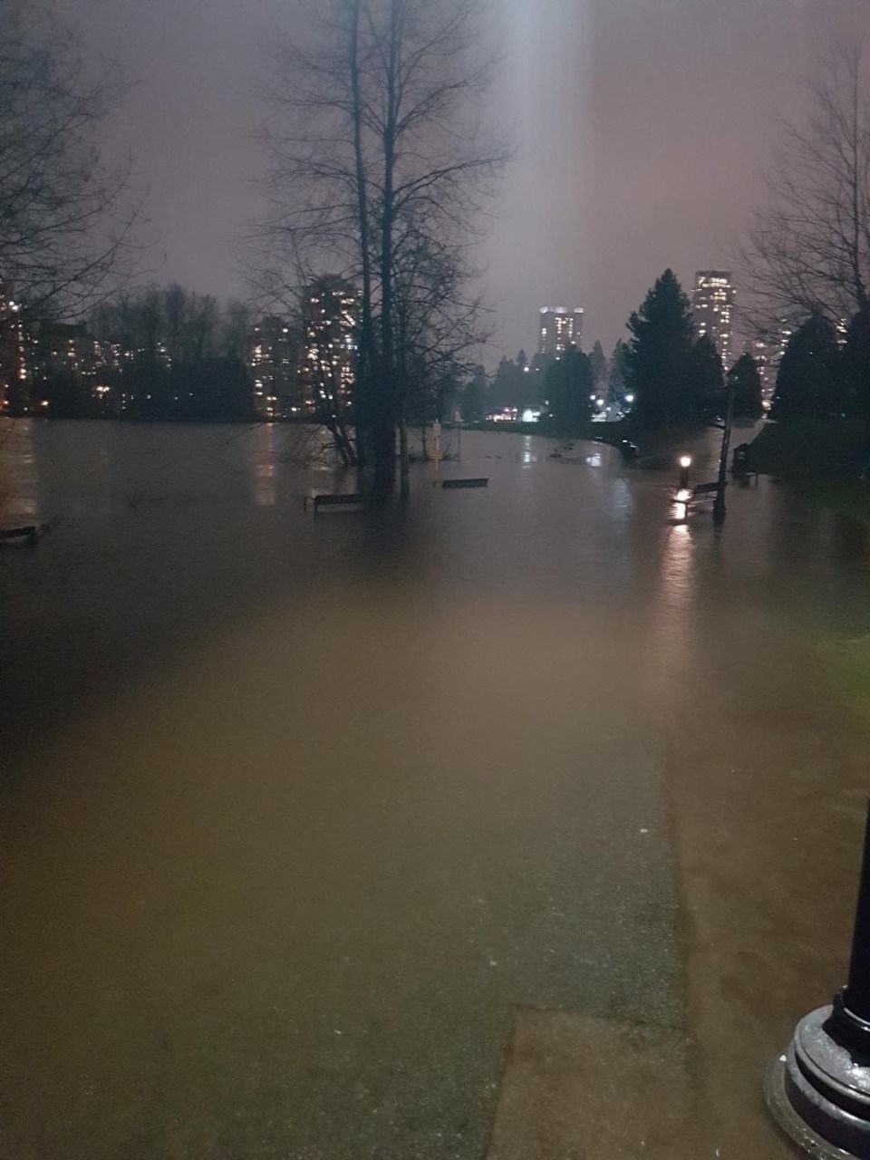 Lafarge Lake in Coquitlam also burst its banks Friday night.