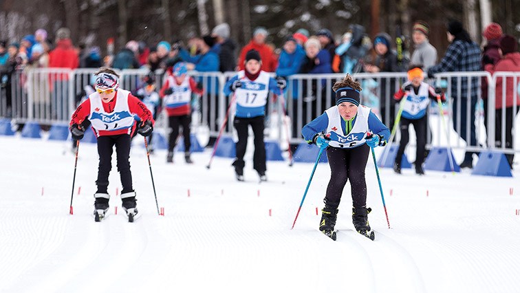 Citizen Photo by James Doyle. Ty Huston from the Overlander Ski Club leads the pack out of the starting area during a mass start for the U10 Boys on Sunday at Otway Nordic Centre during the second day of racing at the Teck B.C. Cup #2.