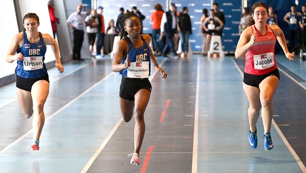 UBC Thunderbirds standout Hassy Fashina-Bombata blazed to victory in the Open Women's 60-metres event at the 10th annual Harry Jerome Indoor Games on Saturday at the Richmond Olympic Oval