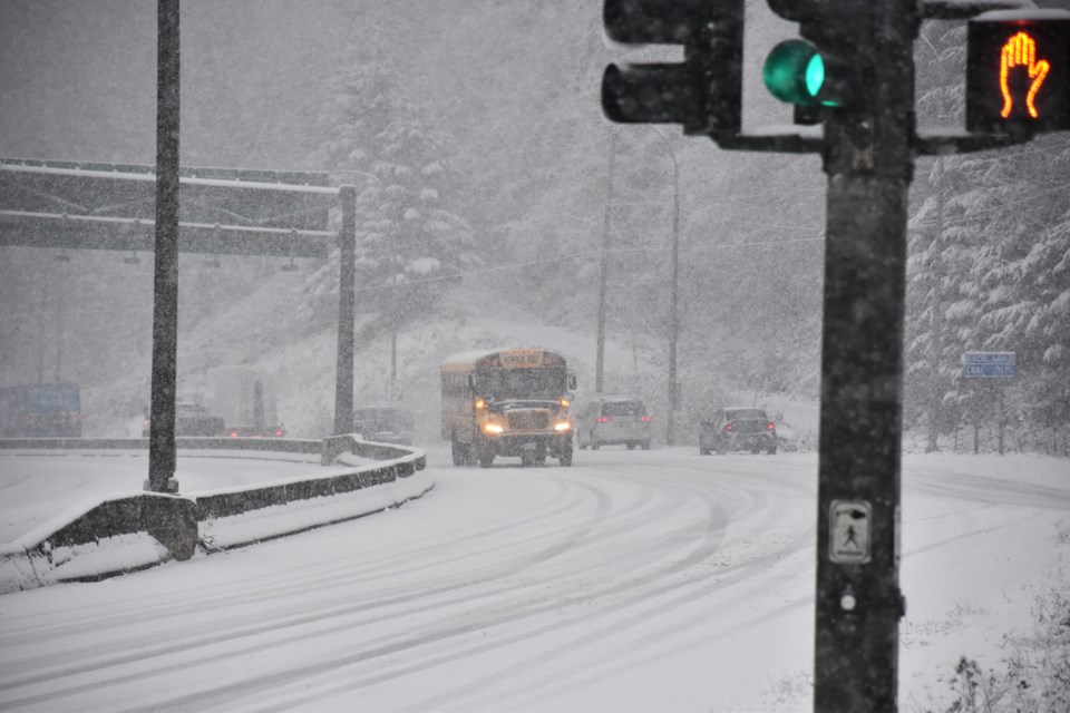 Heavy wet snow created slippery driving conditions Tuesday morning at the Langdale bypass.