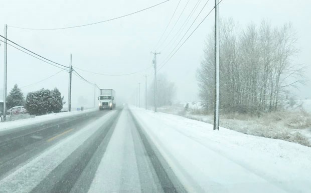 Snowy conditions on Ladner Trunk Road today.