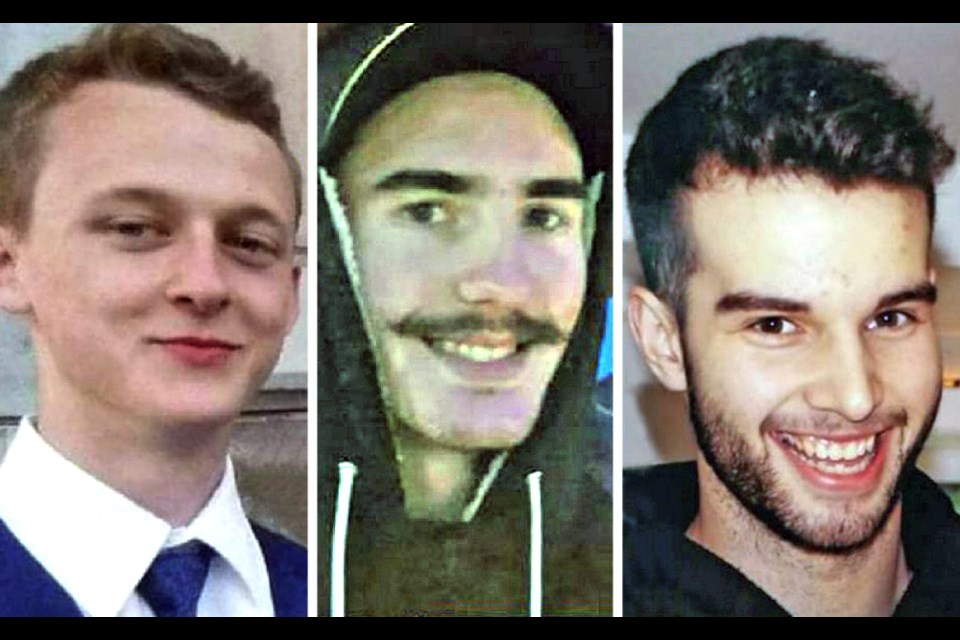 Cory Mills, Eric Blackmore and A.J. Jensen, all 20, went missing in Sooke on the weekend. FAMILY PHOTOS