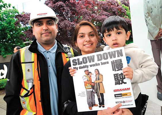 The Johals, Sandip, Harpinder and little Sauraj, are urging all drivers to slow down in construction sites. They are one of three Richmond families being used as the faces of WorkSafeBC's latest "Slow Down" campaign which is being portrayed in English and Chinese for the first time.