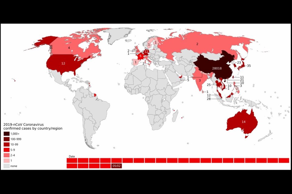 The latest numbers of coronavirus cases globally. Wikipedia map
