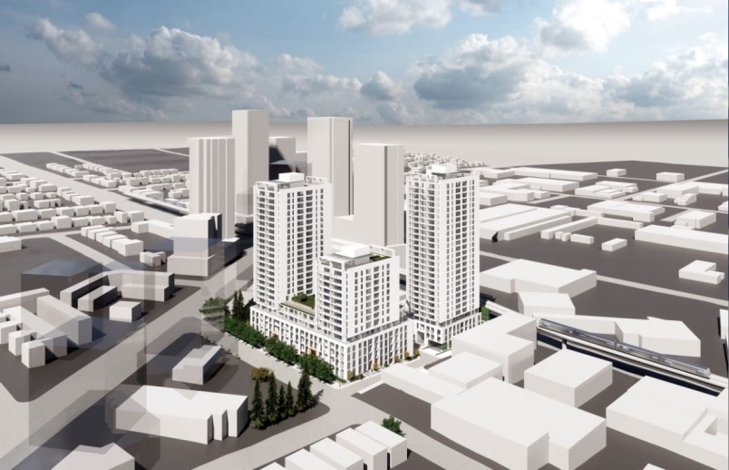 The rezoning proposal envisions a 14-storey non-market building, as well as 24- and 27-storey market rental buildings. Rendering courtesy of Intracorp Homes