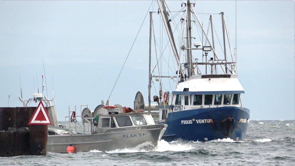 Two herring fish boats entering French Creek harbour on Vancouver Island