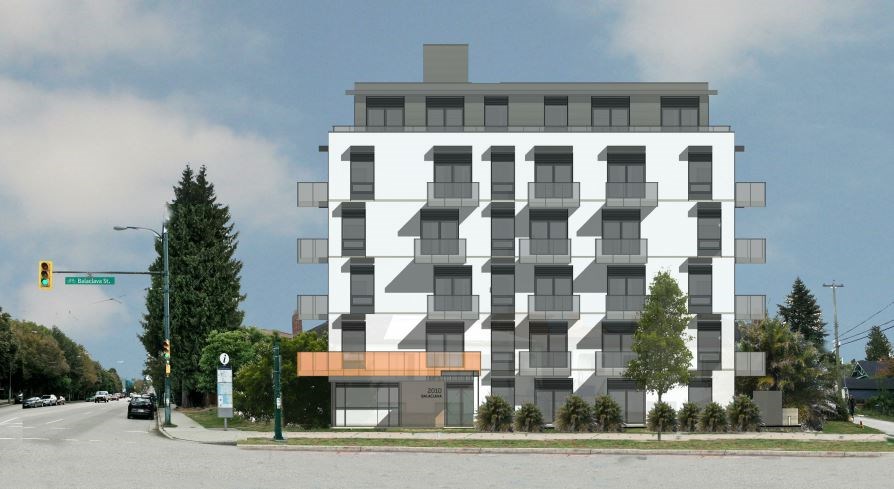 The six-storey building is proposed for the corner of Balaclava and West Fourth Avenue. Rendering Ek