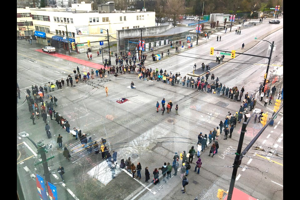 Protesters supporting Wet’suwet’en blocked the intersection of Broadway and Cambie Tuesday afternoon. Photo Dan Toulgoet