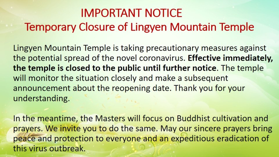 Lingyen Mountain Temple coronavirus notice