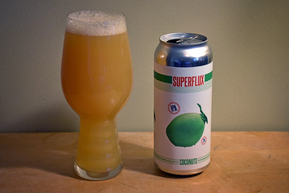 Brewed with Citra and Vic Secret hops and conditioned on a “voluptuous bed” of coconut, Superflux’s