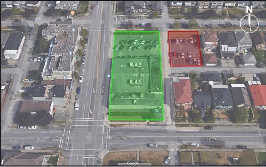 The site at 7280 Fraser St. outlined in green, next to the property at 724 East 56th Avenue outlined