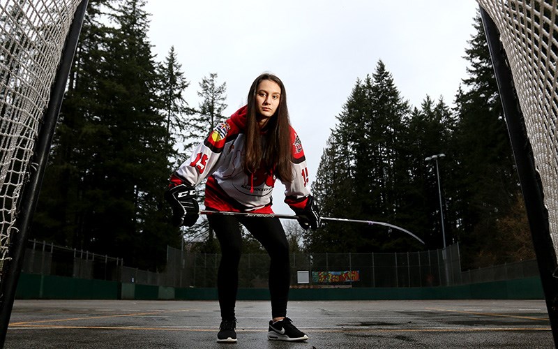 female ball hockey player in Coquitlam