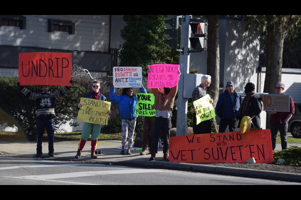 A protest in Gibsons Friday was one of dozens in support of the Wet'suwet'en heridary chiefs' stand on the Coastal Gaslink pipeline