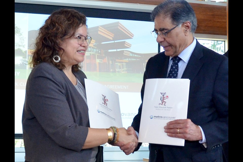 Tsleil-Waututh Chief Leah George-Wilson and Metro Vancouver chair Sav Dhaliwal signed the agreement today at a ceremony on the North Shore.