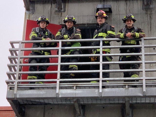 Port Moody firefighters Isaac Jenkins, Jeff Finlay. Will Patterson and Kevin Butt will join hundreds of fell first responders from the Tri-Cities and across the region for the Climb the Wall challenge, a 48-storey stair climb that raises money for the BC Lung Association.