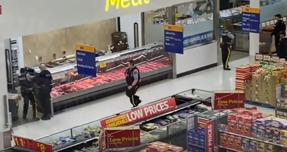 This video posted on Facebook by Marion Laramie shows RCMP surrounding the meat section of Walmart on Tuesday afternoon.
