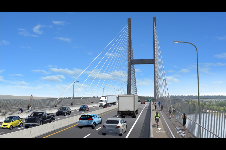 Conceptual rendering of the bridge that will replace the Pattullo Bridge. the new four-lane bridge will have designated lanes for pedestrians and cyclists.