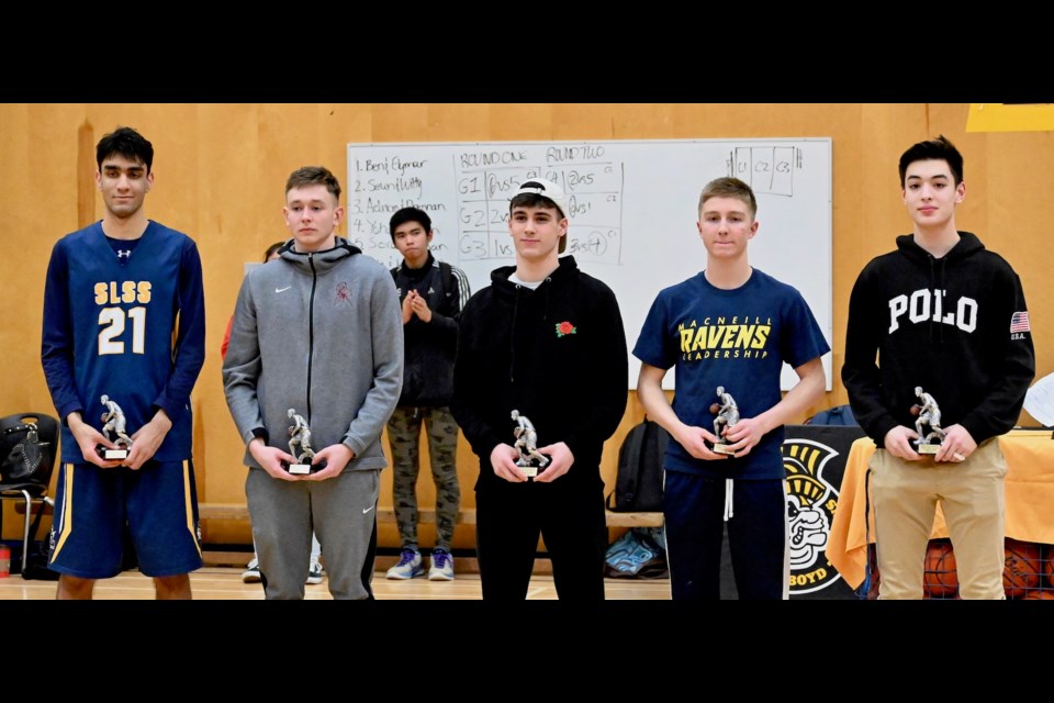 Richmond First Team All-Stars included (left to right) Jalen Johal (Steveston-London), Arminas Ilciukas (Richmond High), Tanner Devlin (MacNeill), Jackson Thackwray (MacNeill) and Nicholas Berda (Hugh Boyd).