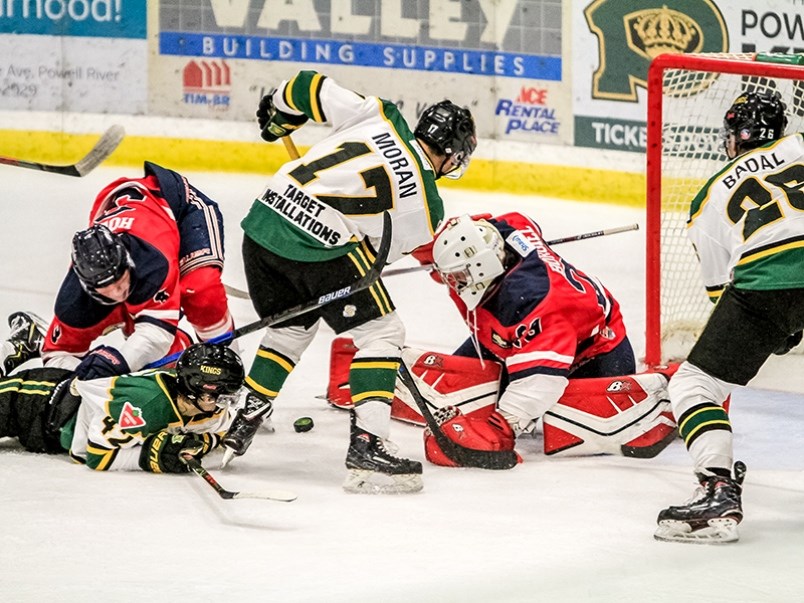 Powell River Kings’ forwards Jacob Slipec [left], Reilly Moran and Jacob Badal